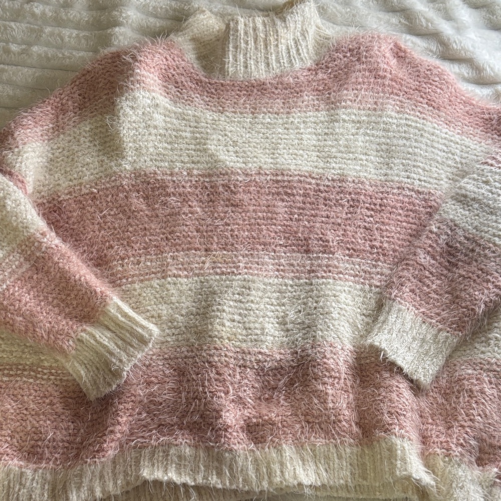 Altar'd State Blush and Cream Striped Turtleneck Sweater